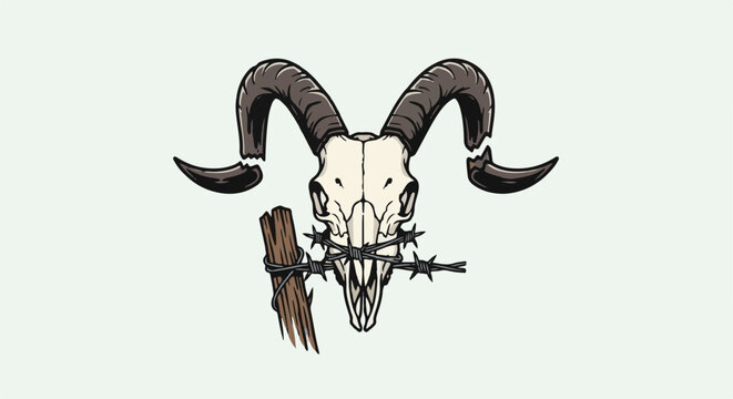 Cracked ram skull on wooden post with barbed wire around muzzle