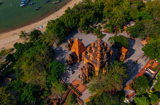 Aerial view of ancient po nagar cham towers in Nha Trang, Vietnam