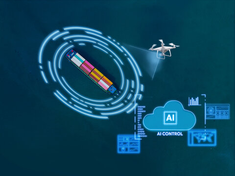 Aerial view of cargo ship with autopilot tracked by drone with ai cloud control and digital targeting overlays for maritime monitoring logistics