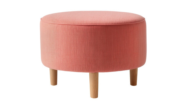 Round coral upholstered ottoman with wooden legs, isolated on transparent background