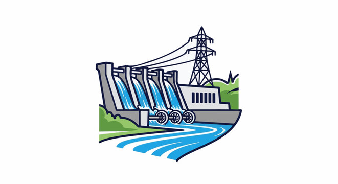 Hydroelectric dam generating power with flowing water and transmission tower