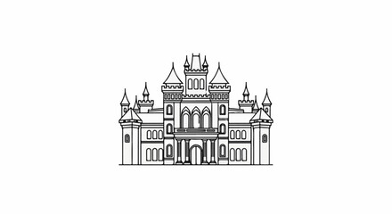 Obraz premium Ornate castle with towers, arched windows, and columns, rendered in a simple outline style