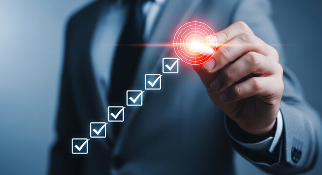 Man in gray suit points to glowing red target with checkmarks pointing hand