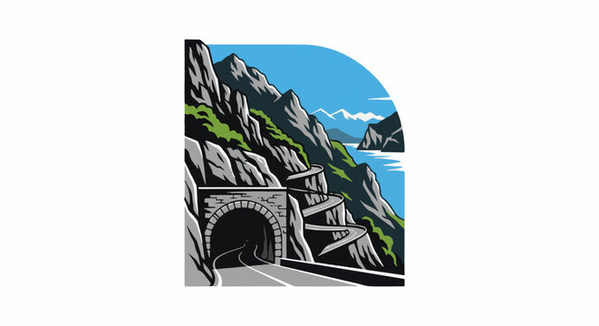 Mountainous coastal road with tunnel and switchbacks