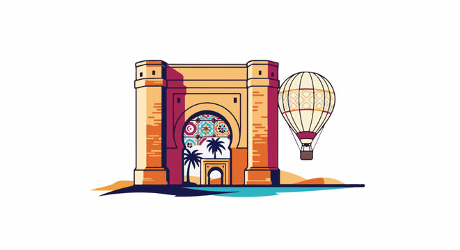 Ornate archway with detailed mosaic interior and hot air balloon soaring above