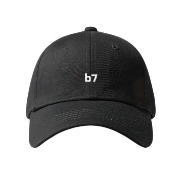 A dark baseball cap with "b7" in white centered. Isolated on black, low profile, curved bill, front-facing shot