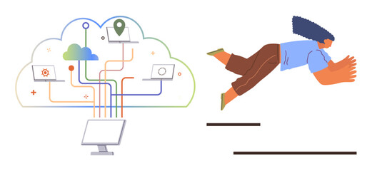 Fototapeta premium Cloud computing, technology advancement, digital transformation, data integration, online solutions, innovation. A digital network links devices in a cloud structure with a woman jumping forward