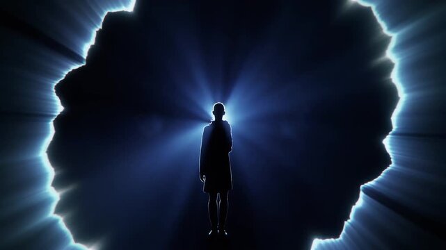 Man standing in dark room with glowing blue light