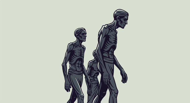 Three gaunt figures in profile, walking in unison against a pale background