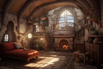 Obraz premium Sun illuminates cozy medieval fantasy interior with fireplace, balcony, and rustic furniture, creating a warm and inviting atmosphere