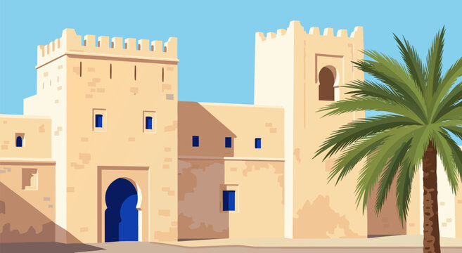 Vector illustration of a traditional Moroccan courtyard with ornate arches and a palm tree, evoking a sense of travel and culture