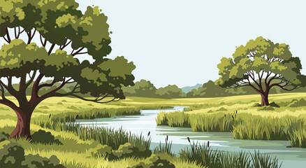 Naklejka premium Serene River Landscape Vector Illustration of a Peaceful Natural Scenery with Trees and Wetlands, an Artistic Depiction