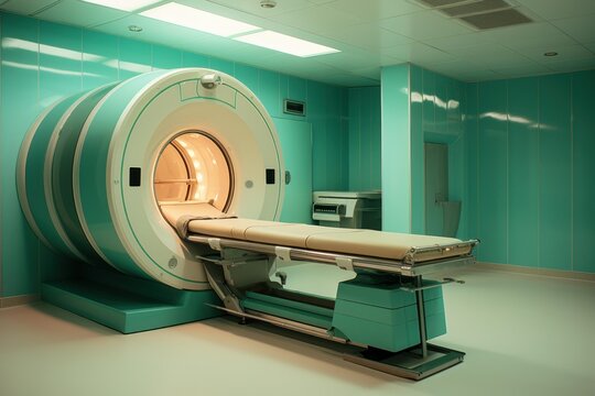 Empty mri room in a hospital with illuminated scanner and sliding patient bed