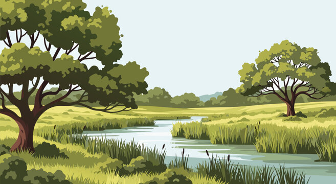 Serene River Landscape Vector Illustration of a Peaceful Natural Scenery with Trees and Wetlands, an Artistic Depiction