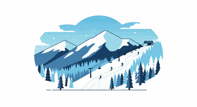 Winter mountain scene with skiers and a ski lift under a cloudy sky
