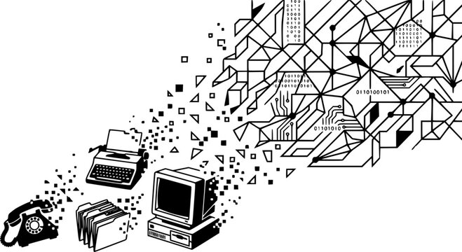 Digital Dissolution: Old Work Models Fading into the AI Grid. Geometric Death.
