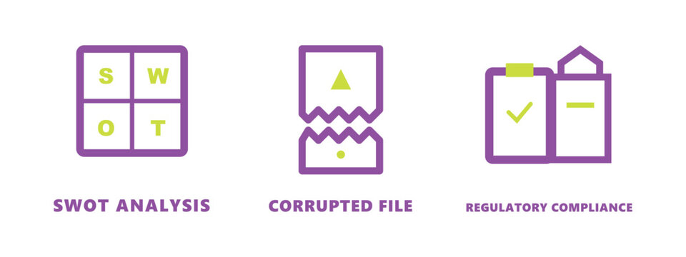Swot analysis, corrupted file and regulatory compliance icons.