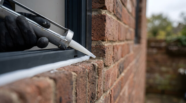 Applying silicone sealant to window frame | Waterproofing home exterior brick wall | Professional window sealing with caulking gun | DIY home maintenance and insulation