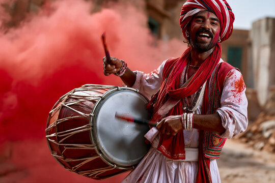 Indian drummer playing Dhol drum during Ganesh Visarjan street procession with red gulal powder exploding in the air. Ganesh Chaturthi celebration. Dynamic shot for poster