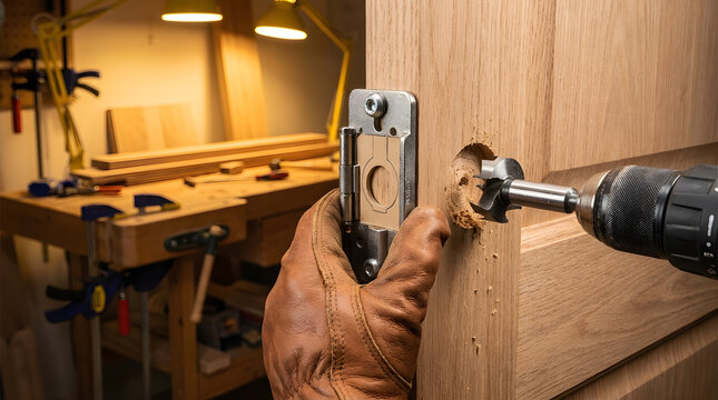 Carpenter drilling hole for door hinge with jig | Using Forstner bit to install hardware on oak door | Professional woodworking tools for furniture making | Close up of hand in leather glove 