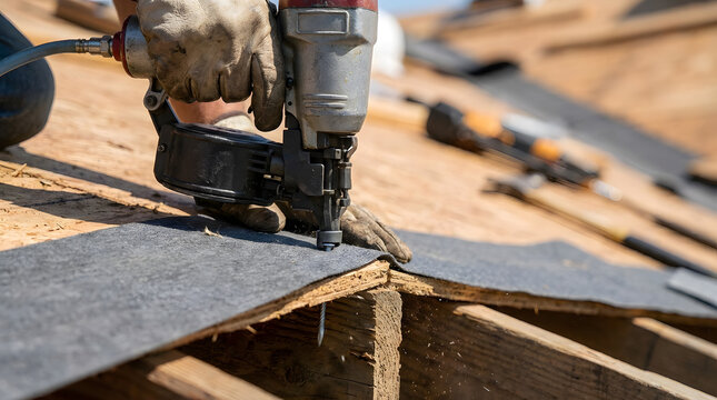 Professional roofer using pneumatic nail gun | Installing asphalt shingles on residential roof | Construction worker fastening roofing underlayment | Close up of gloved hand with coil roofing