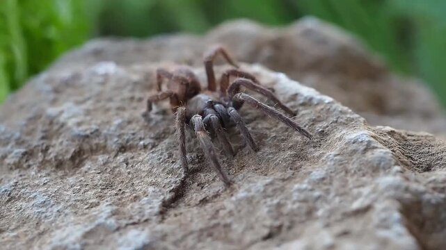 A detailed macro shot captures a large brown tarantula navigating the rugged surface of a rock in the Maluku Islands, Indonesia