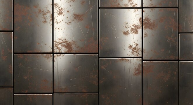 Rusty industrial metal panels with scratches and weathered steel tiles in a geometric grid pattern.