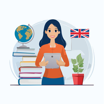 Woman teaching English with tablet, globe, books, and UK flag