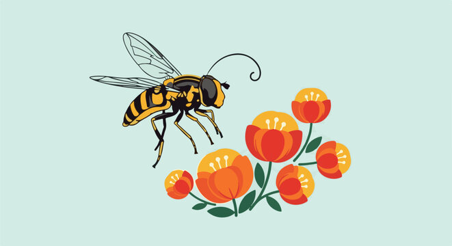 A stylized yellow and black insect flies near bright orange and red flowers