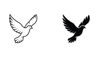 Obraz premium Graceful dove in flight vector icon set featuring line art and solid black silhouette designs representing peace and freedom concepts for professional graphic design and branding assets