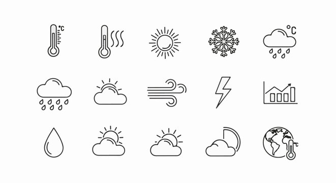 Collection of weather icons showing temperature, rain, sun, snow, wind, lightning, and earth