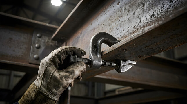 heavy duty steel c-clamp on industrial i-beam | construction worker hand in leather safety glove | metal fabrication and structural steel assembly | securing metal beams with heavy clamps