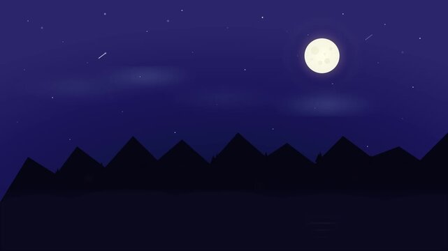 Flat Design Animated Night Landscape Featuring Glowing Full Moon Twinkling Stars and Cinematic Shooting Star over Dark Mountain Silhouette Forest and Wilderness for Relaxing Background or Dreamy Celes