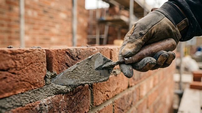 Professional bricklayer working on a house wall | Close up of a gloved hand using a trowel and mortar | Masonry construction project on a building site | Laying red bricks with cement
