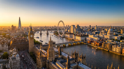 Panoramic aerial view of London skyline at sunset, featuring iconic landmarks like the Houses of Parliament, Big Ben, the London Eye, and the River Thames. © Clouds of the Dusk