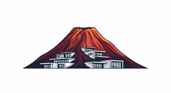 Modern residences integrated into the slopes of a vibrant, conical volcano