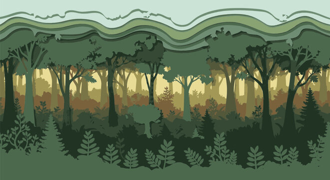 Stylized layered forest illustration with parallax effect for natural design background