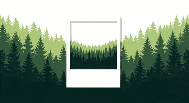 Green Layered Forest Silhouette with Center White Photo Frame Vector