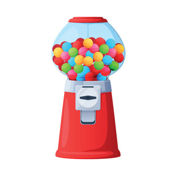 An illustration of a chewing gum machine with round, multicolored balls. A glass dispenser filled with round candies is on a white background.