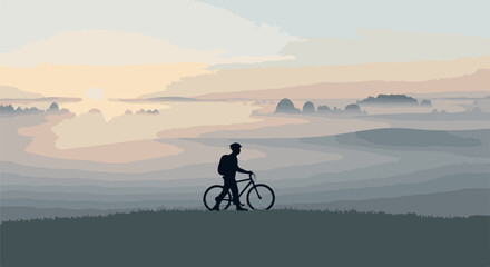 Fototapeta premium Silhouette of a cyclist with a backpack walking next to bike in a misty landscape