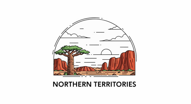 Stylized desert landscape with baobab tree and red rocks