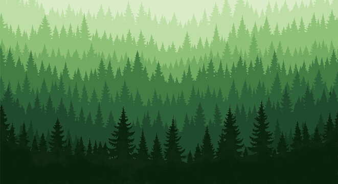 Layered pine forest silhouette with green gradient depth effect