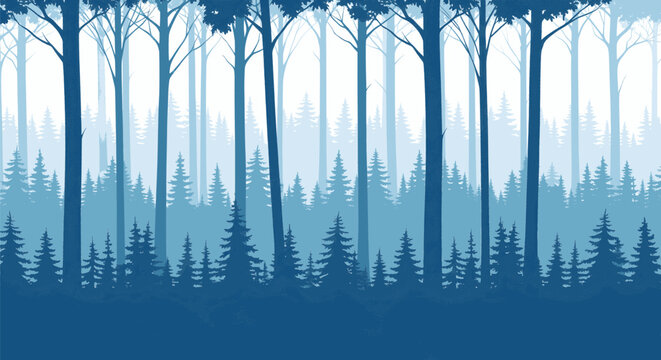 Blue layered forest with tall stylized trees creating a deep parallax effect