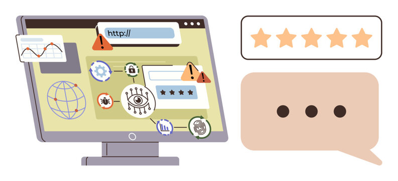Cybersecurity, online reviews, web safety, fraud prevention, internet threats, data protection. Monitor showing security alerts and digital icons. Cybersecurity and online reviews context