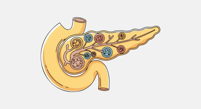 Stylized illustration of a human pancreas showing internal structures and ducts
