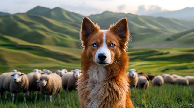 Alert ginger border collie with striking blue eyes watching a herd of sheep