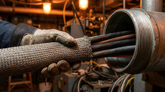 industrial cable pulling with wire mesh grip | electrician installing power cables in conduit | heavy duty cable sock for electrical wiring | worker in protective gloves handling industrial equipment