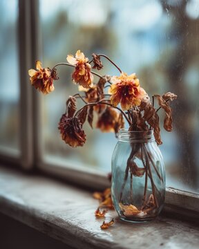 Withered flowers in glass jar by window, natural light illuminates autumn scene, melancholic atmosphere with dried petals scattered on window sill
