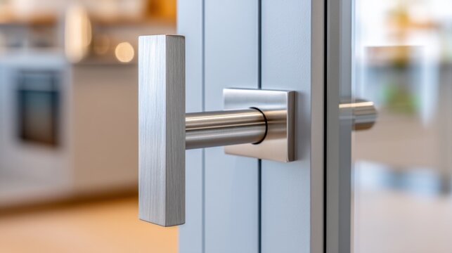 Cinematic macro of a minimalist integrated stainless steel handle on a kitchen cabinet door, reflections of a modern loft, brute industrial aesthetic