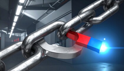 Naklejka premium A red and blue horseshoe magnet pulling a metallic chain link in an industrial setting, illuminated by blue light, symbolizing magnetic force, strength, and scientific precision.